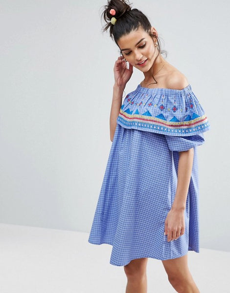 ASOS Aztec Embroidered Off Shoulder Sundress on Check Cotton
