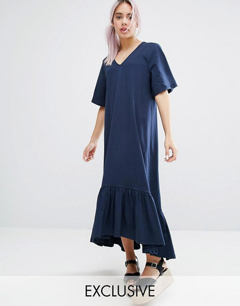Monki V Neck Ruffle Hem Dress