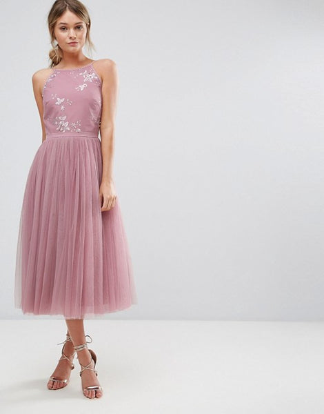 Little Mistress Beaded Mid Dress with Tulle Skirt